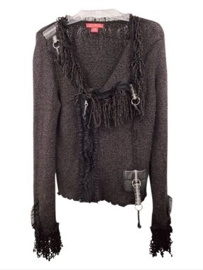 Vtg La Cite Fringed Cardigan Women's L Black Ruffle Trim Zip Up Whimsygoth Dark